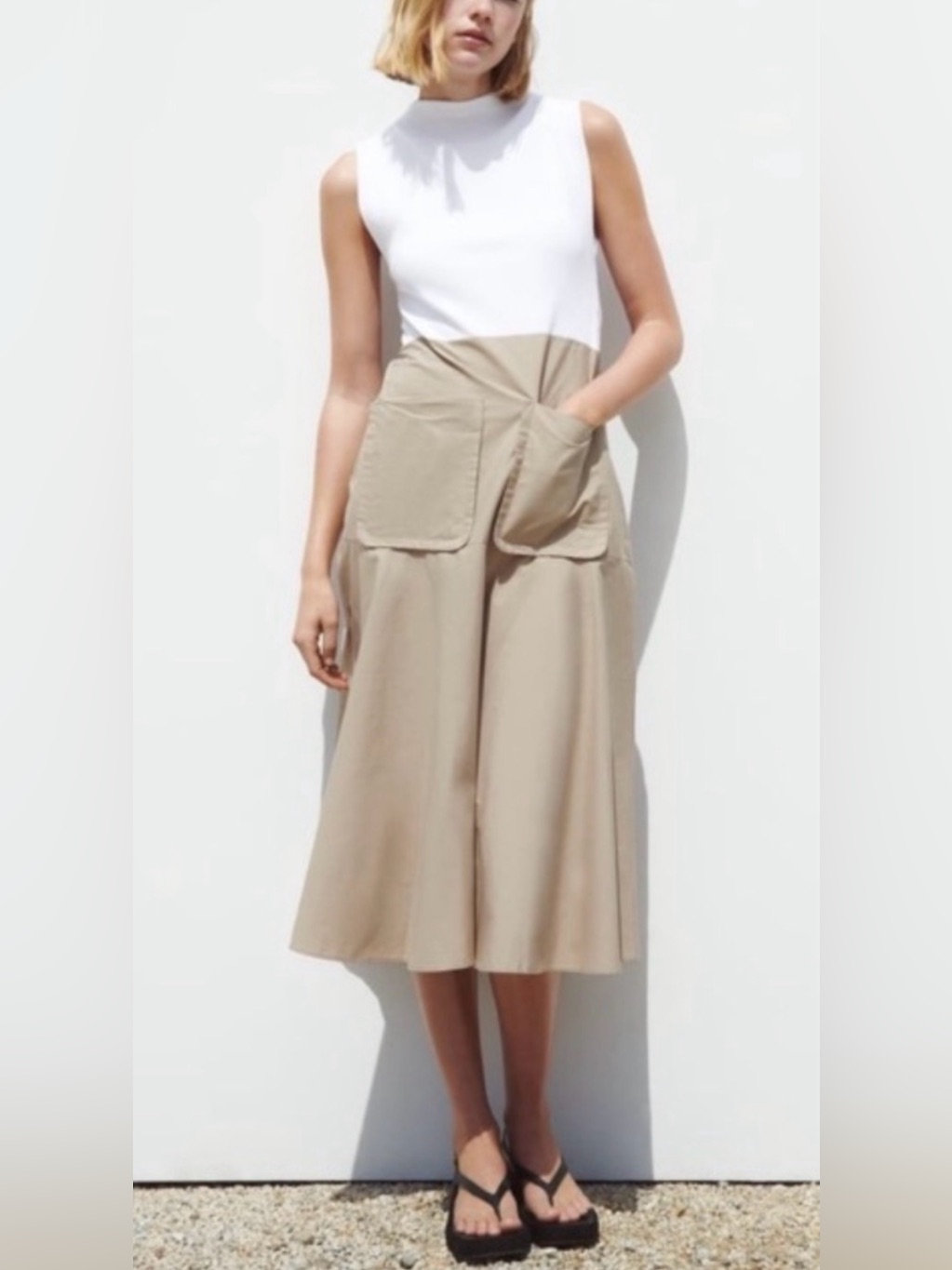 Zara White Top With Beige Midi Skirt - A-Line Pocket Detail Dress